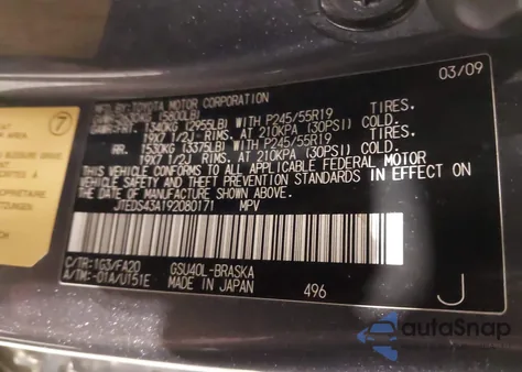 2009 Toyota Highlander Sport from USA, damaged, VIN JTEDS43A192080171